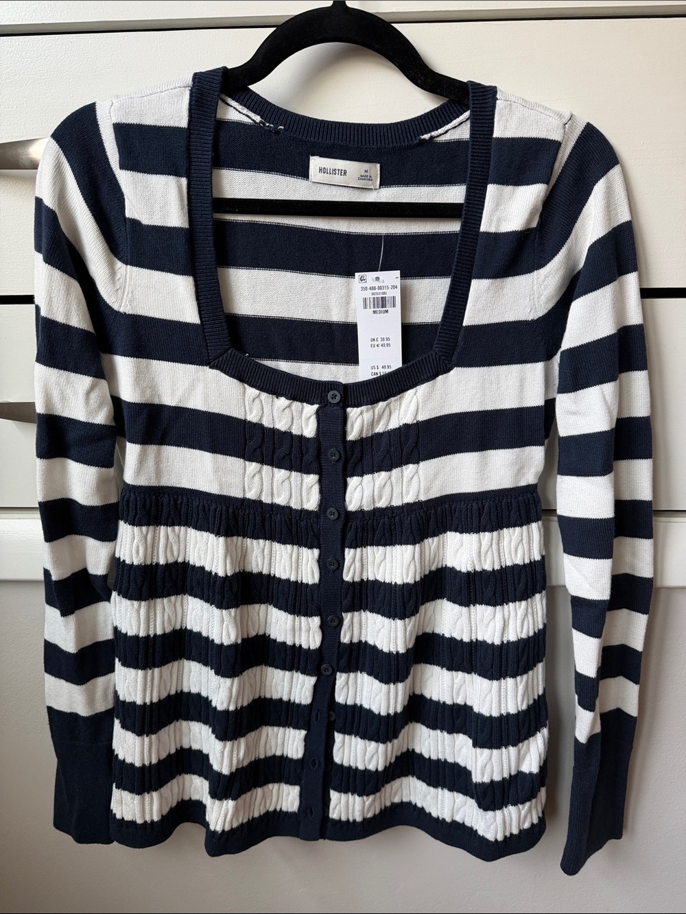 Hollister Navy and White Striped Button-Front Cardigan